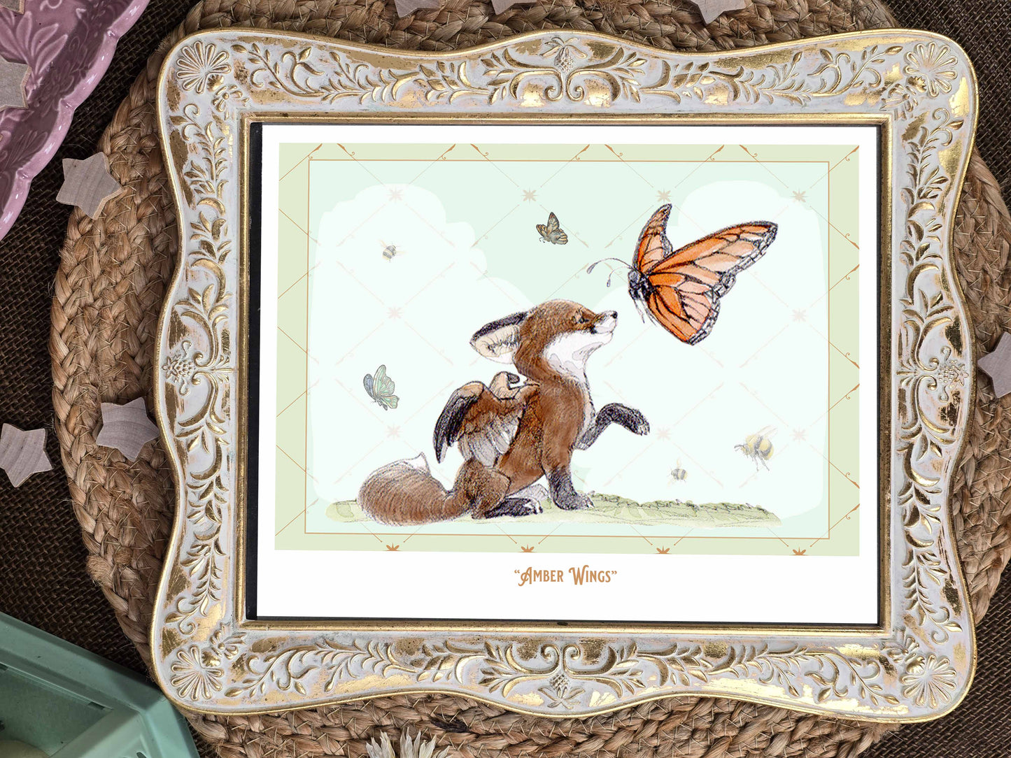Winged Fox Art Print: Amber Wings with Monarch Butterfly (8x10)