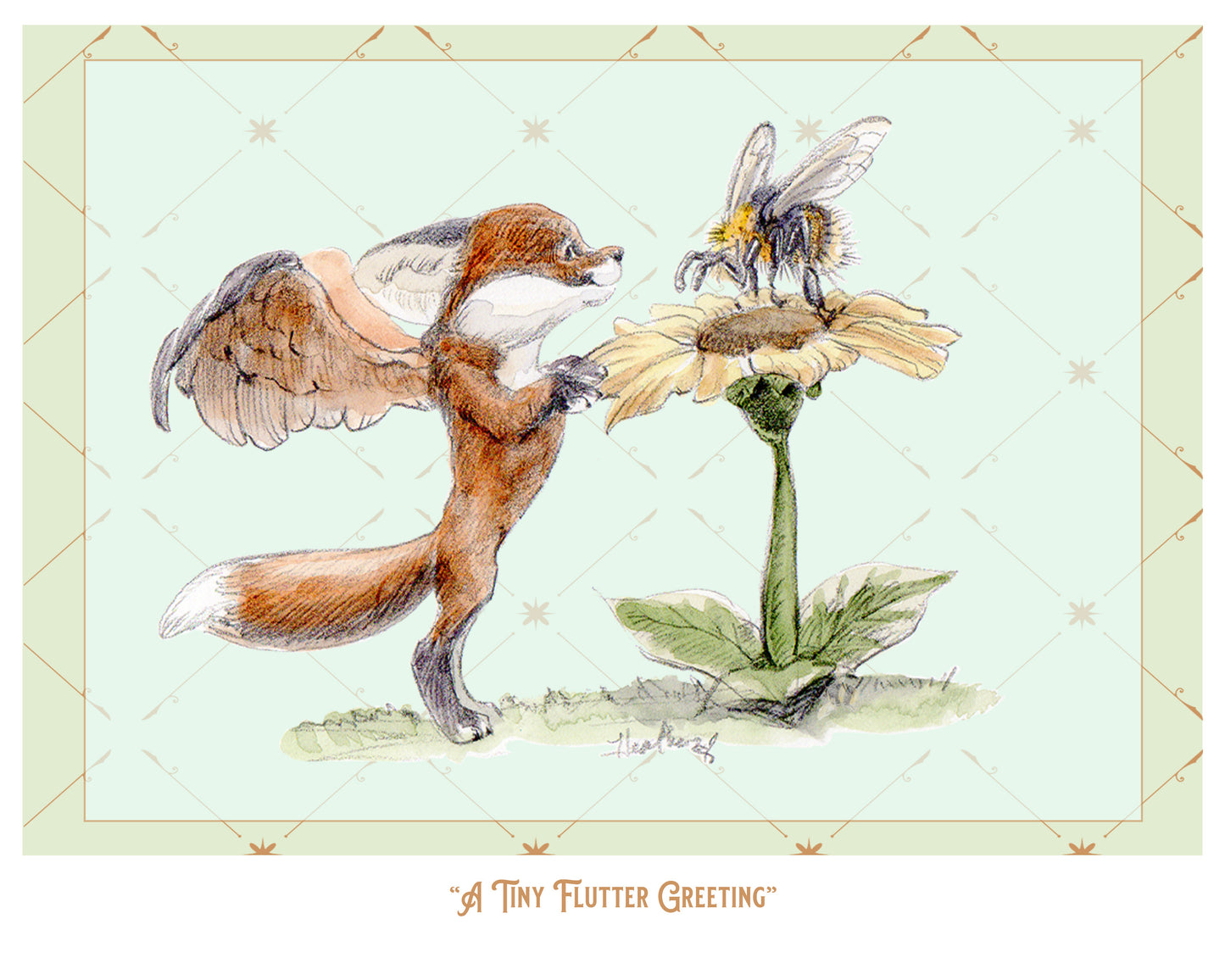 Winged Fox Art Print: A Tiny Flutter Greeting with Bumblebee (8x10)