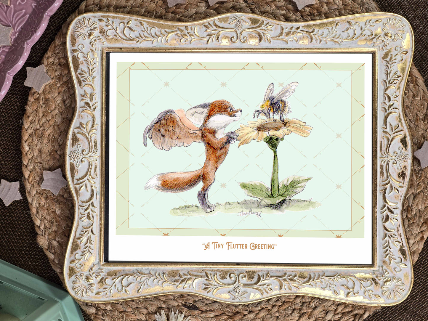 Winged Fox Art Print: A Tiny Flutter Greeting with Bumblebee (8x10)