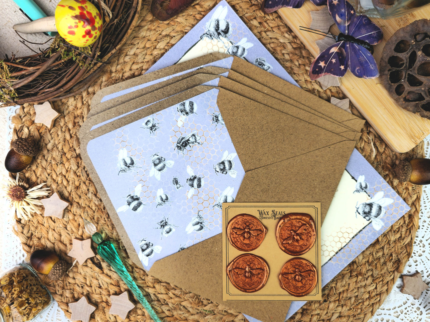 Bumblebee Letter Writing Set | Art Nouveau Style Writing Set| Vintage Style Stationery and Wax Seals| Garden Lover Stationery Gift