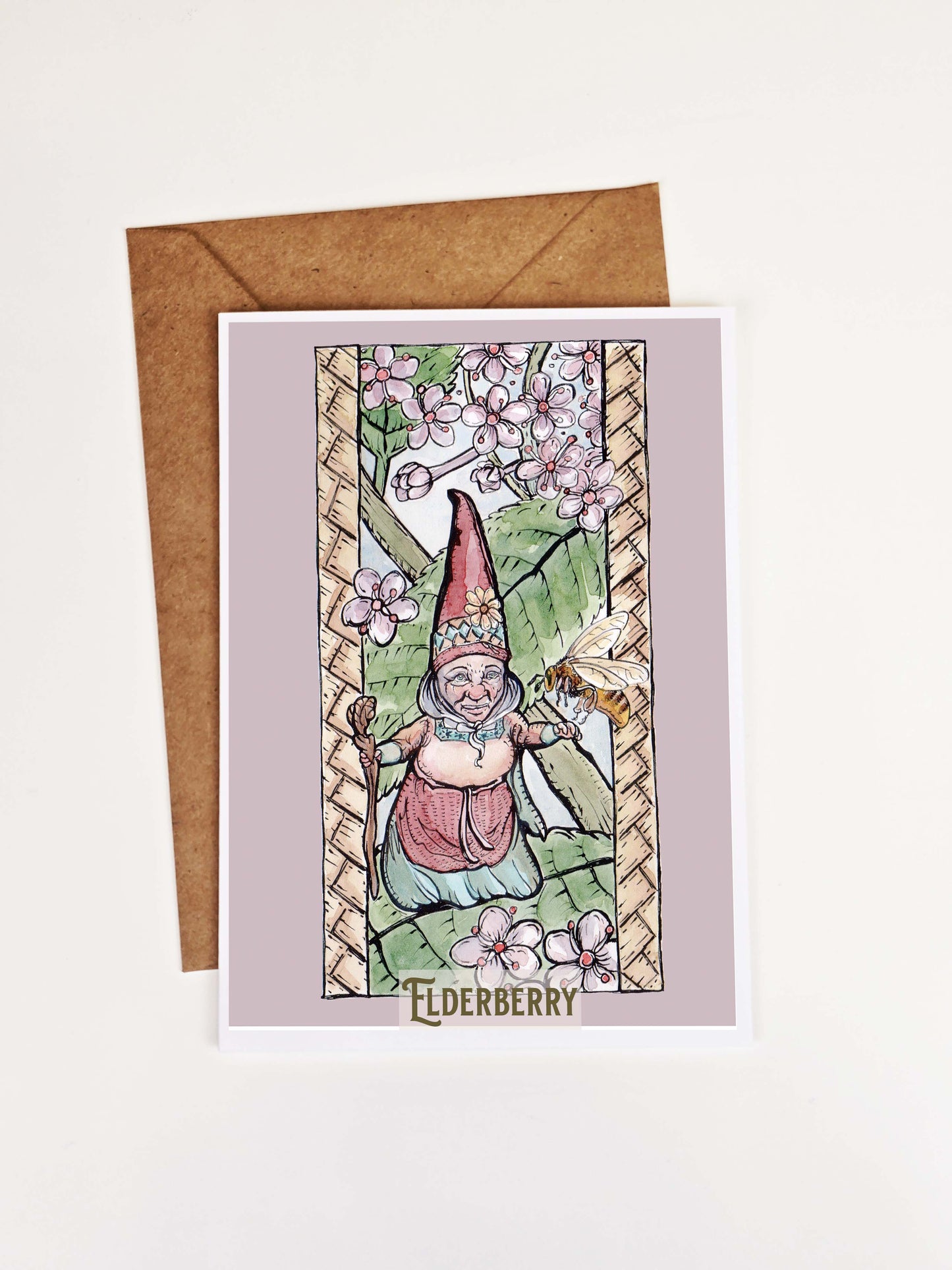 Elderberry Gnome Card - Berry Cottage Lady, Watercolor, Pen & Ink, 5x7 Archival Print, Garden Art, Kraft Envelope