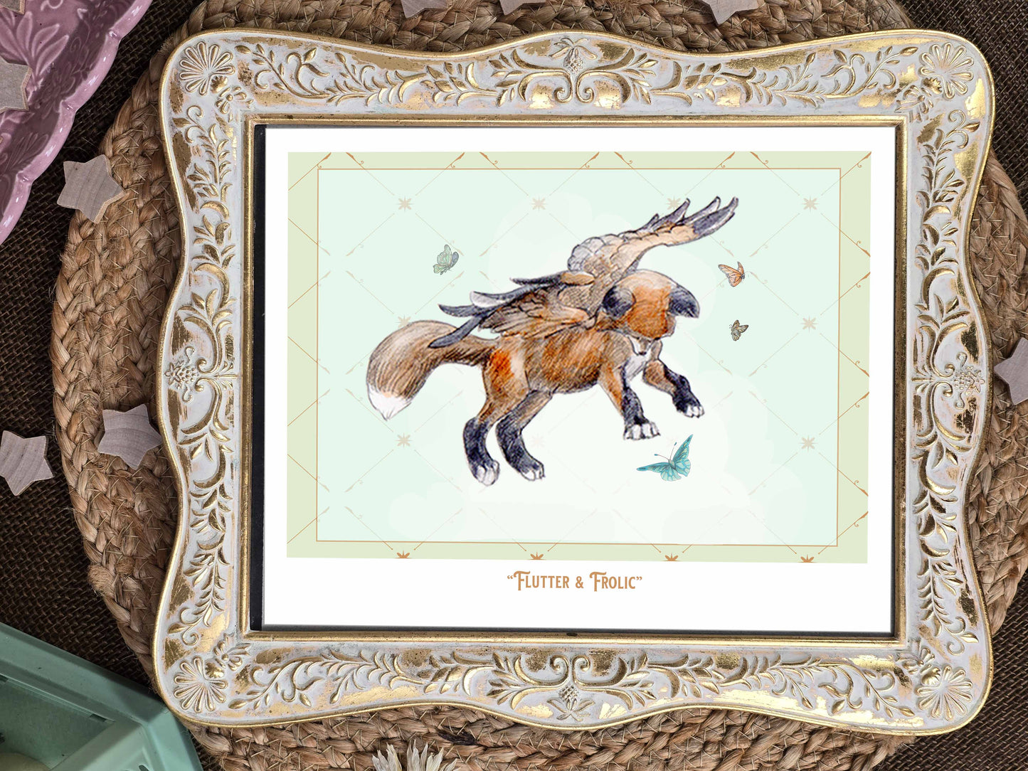 Winged Fox Art Print: Flutter & Frolic with Butterflies (8x10)