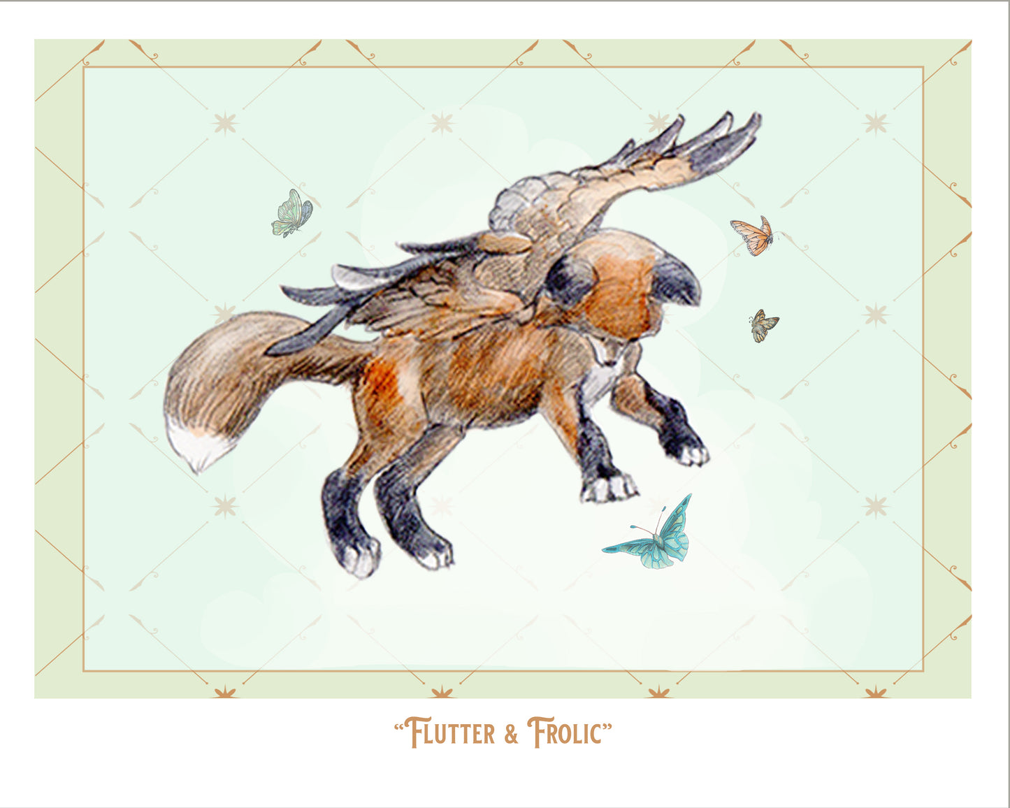 Winged Fox Art Print: Flutter & Frolic with Butterflies (8x10)