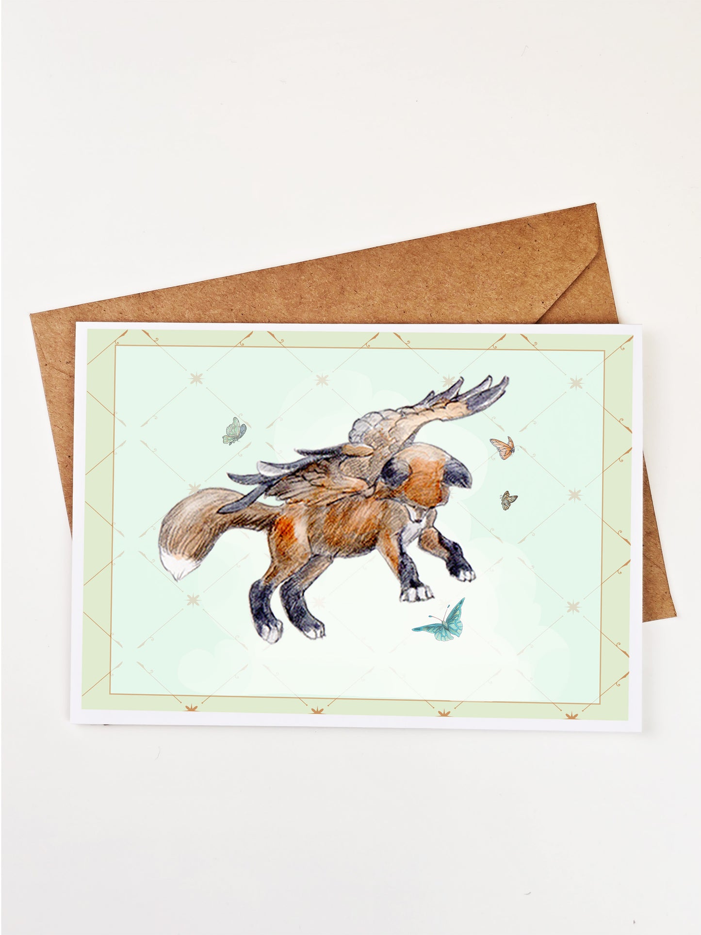 Flutter and Frolic: Winged Fox & Butterflies Art Card | Blank Note Card | Fantasy Art Card | Thinking of You Greeting Card | Friendship Gift