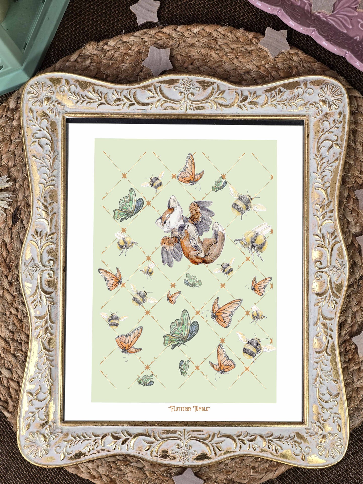 Winged Fox Art Print: Flutterby Tumble with Butterflies & Bees (8x10)