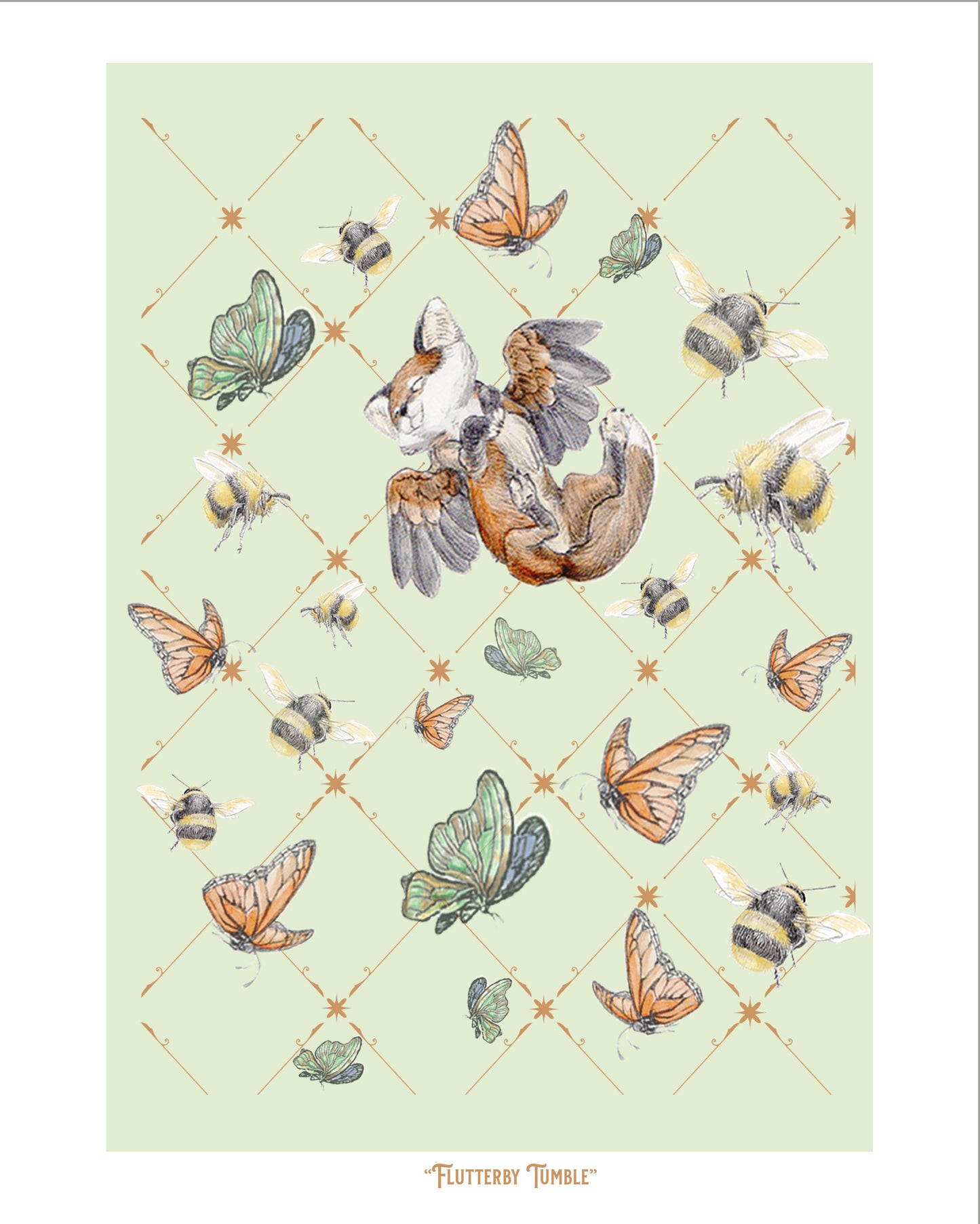 Winged Fox Art Print: Flutterby Tumble with Butterflies & Bees (8x10)