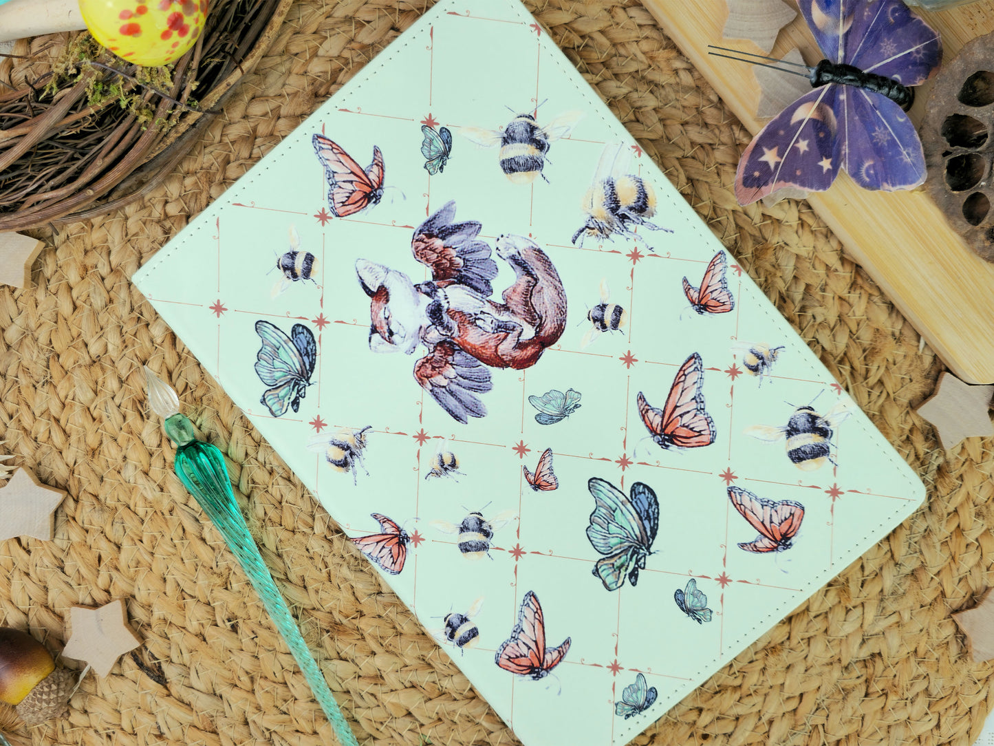 Fantasy Flying Fox, Butterfly and Bee A5 Journal | Vegan Leather | Gift For Nature & Fantasy Lovers | Gift for Traveler | Writing Journal
