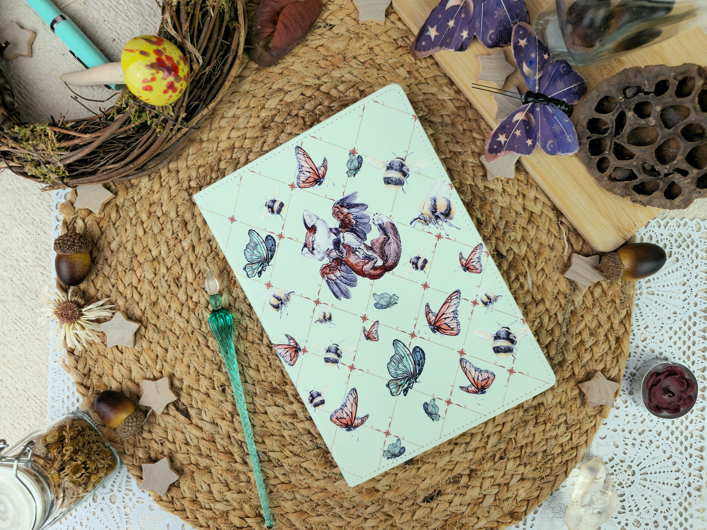 Fantasy Flying Fox, Butterfly and Bee A5 Journal | Vegan Leather | Gift For Nature & Fantasy Lovers | Gift for Traveler | Writing Journal