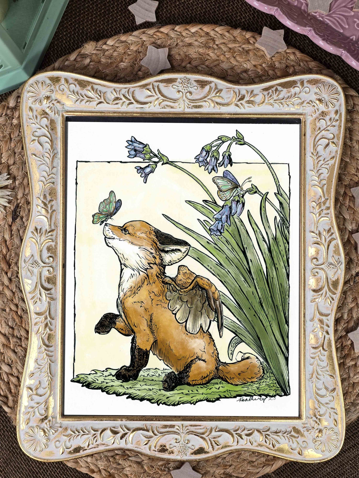 Winged Fox Kit & Butterfly Art Print - Fantasy Illustration, Spring Garden Scene, 8x10 Archival Print