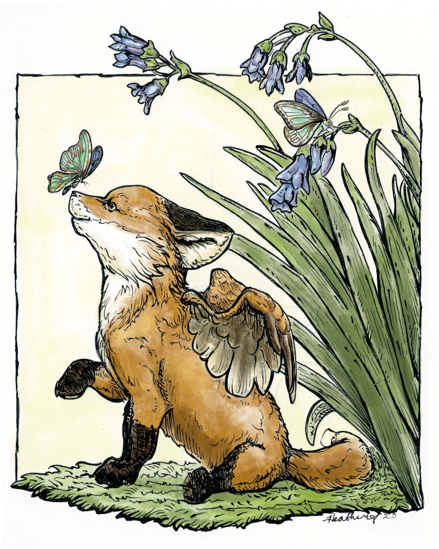 Winged Fox Kit & Butterfly Art Print - Fantasy Illustration, Spring Garden Scene, 8x10 Archival Print