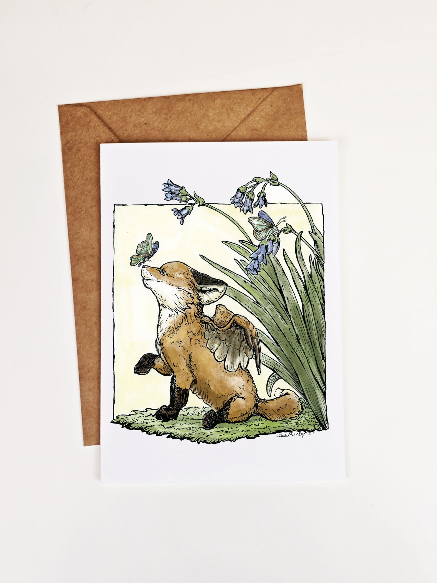Winged Fox Kit & Butterfly Card - Spring Garden Scene, Fantasy Illustration, Archival 5x7 Greeting Card
