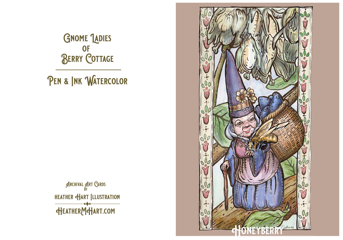 Gnome with Honey Berry Greeting Card - Berry Cottage Lady, 230gsm, Watercolor, Pen & Ink, Archival, 5x7 Greeting, Cute Gnome Art