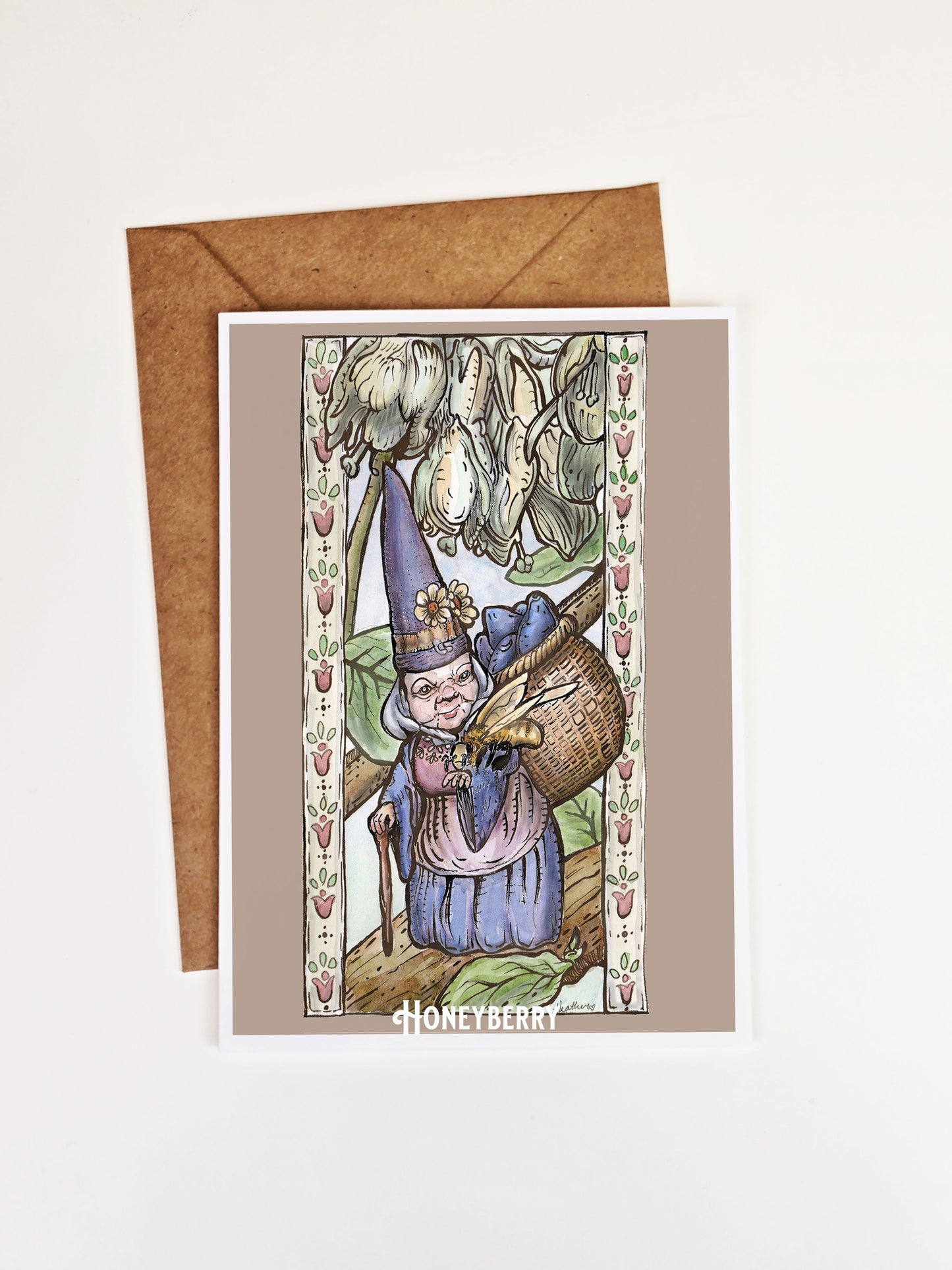 Gnome with Honey Berry Greeting Card - Berry Cottage Lady, 230gsm, Watercolor, Pen & Ink, Archival, 5x7 Greeting, Cute Gnome Art