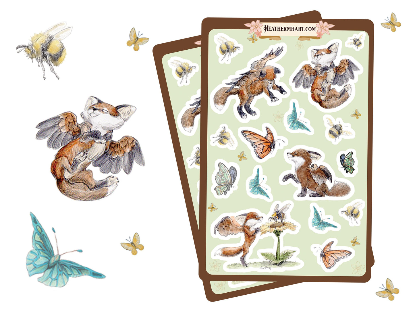 Whimsical Fox Art Stickers | Cottagecore Animal Journaling Stickers | Fox and Butterfly Scrapbook Stickers