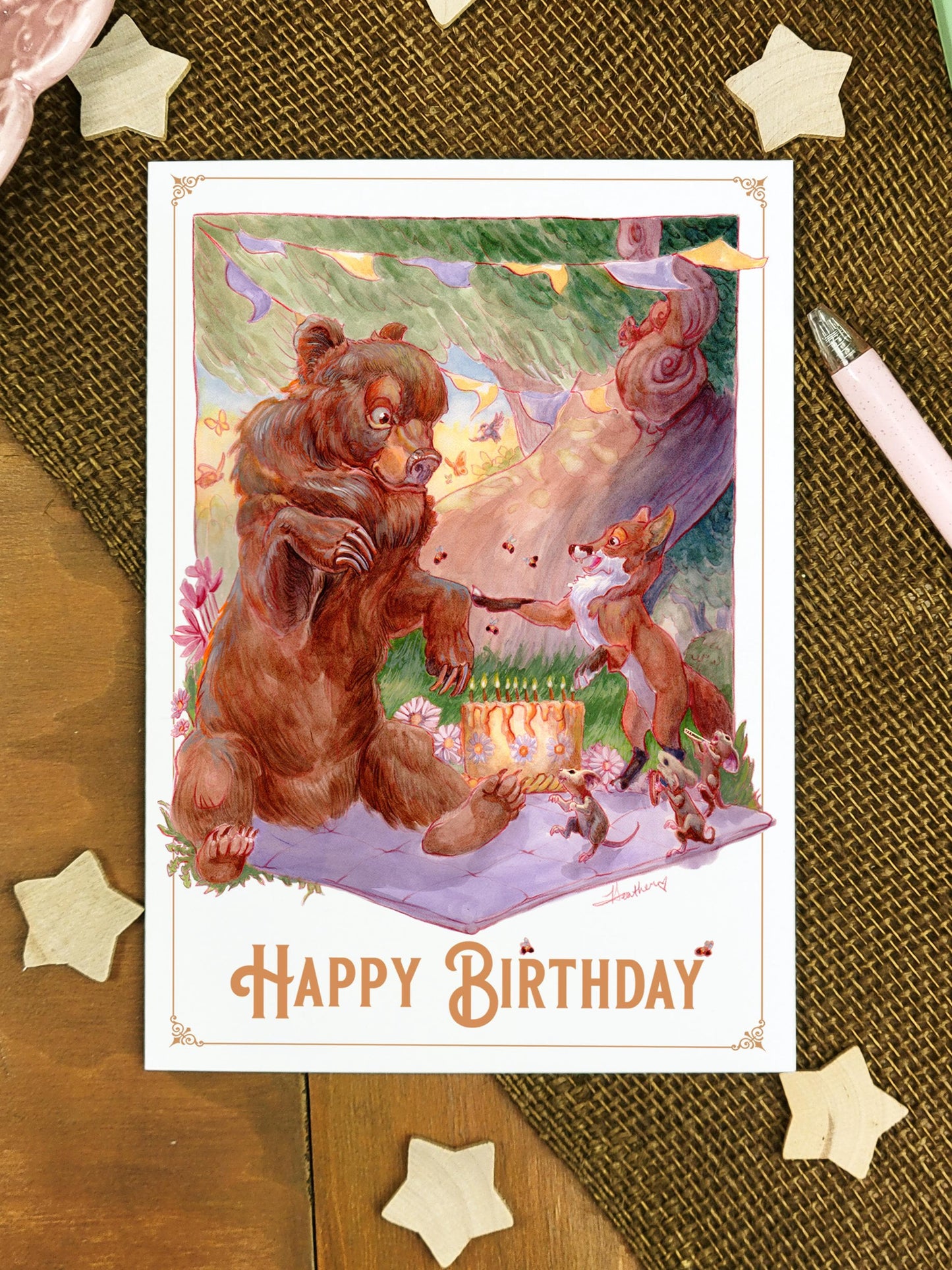 Happy Birthday Bear Greeting Card | Whimsical Bear & Fox Birthday Card | Woodland Animal Art