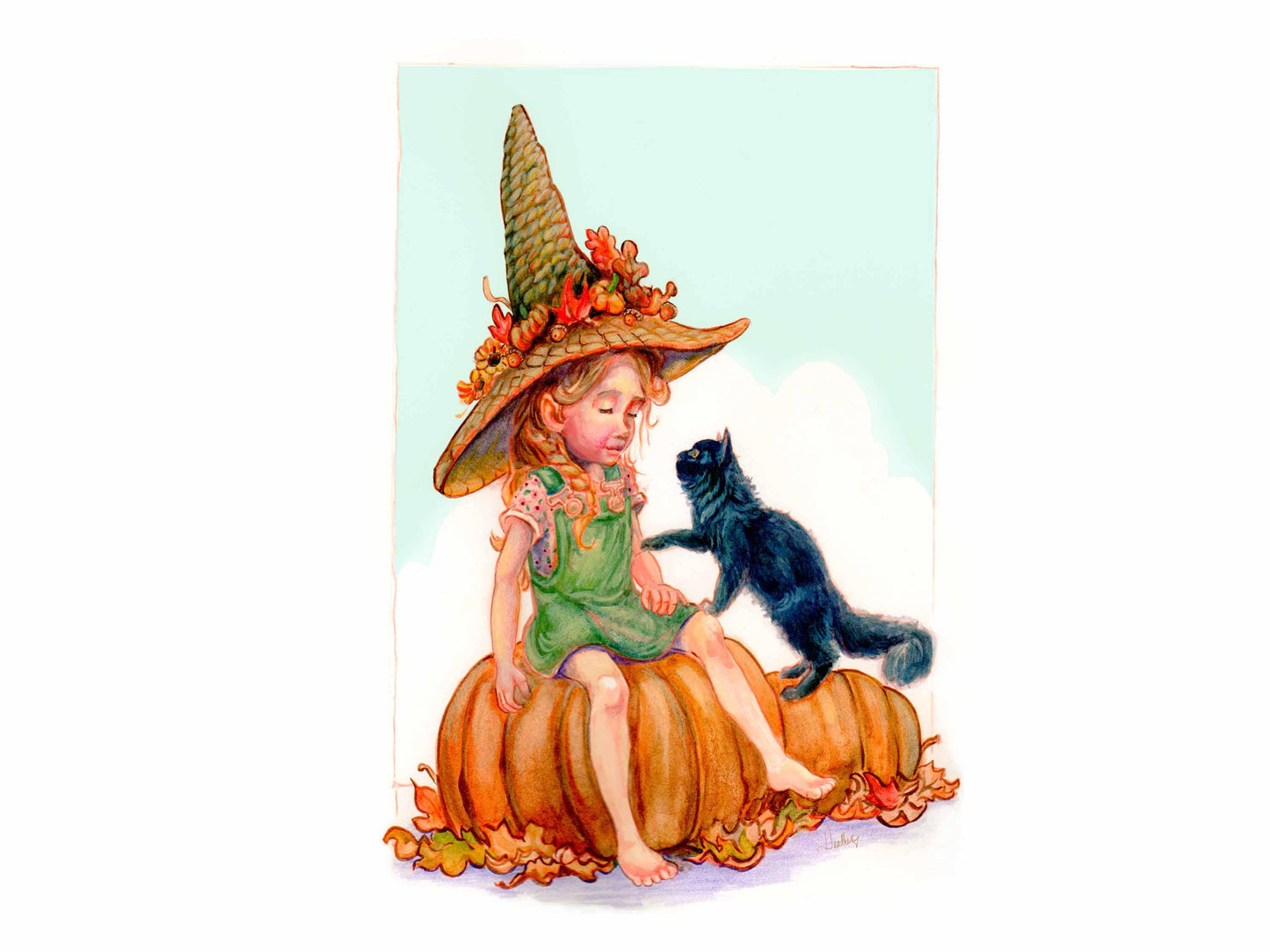 Little Harvest Witch & Familiar" Archival Art Print - Green Witch Garden Magic