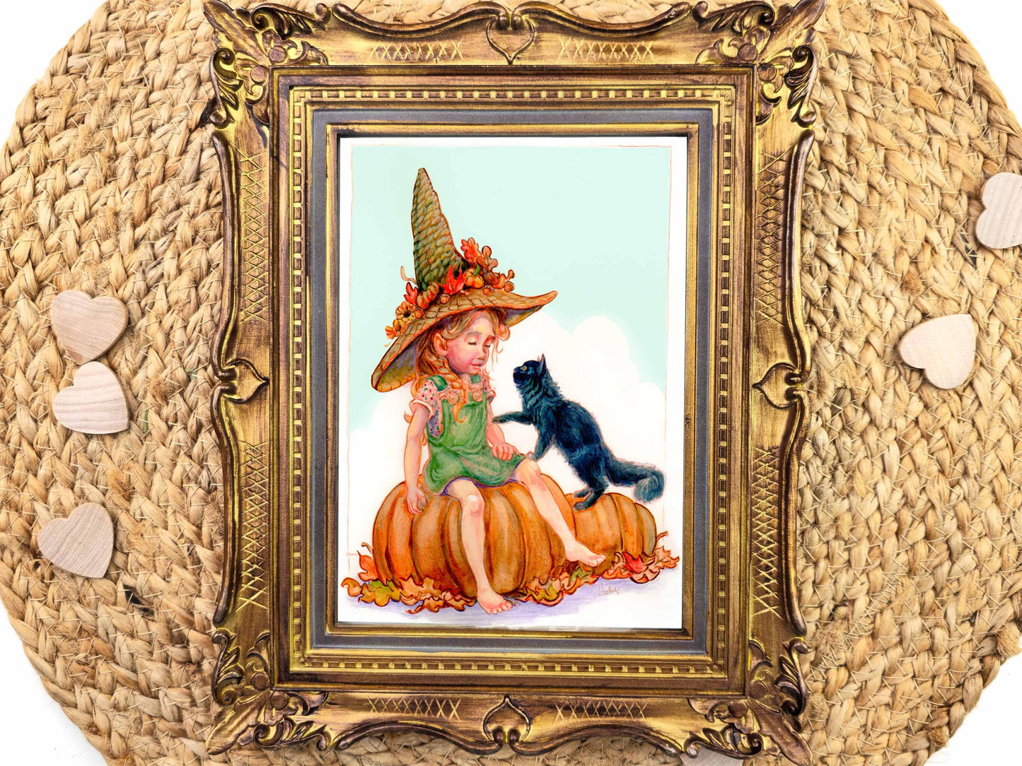 Little Harvest Witch & Familiar" Archival Art Print - Green Witch Garden Magic