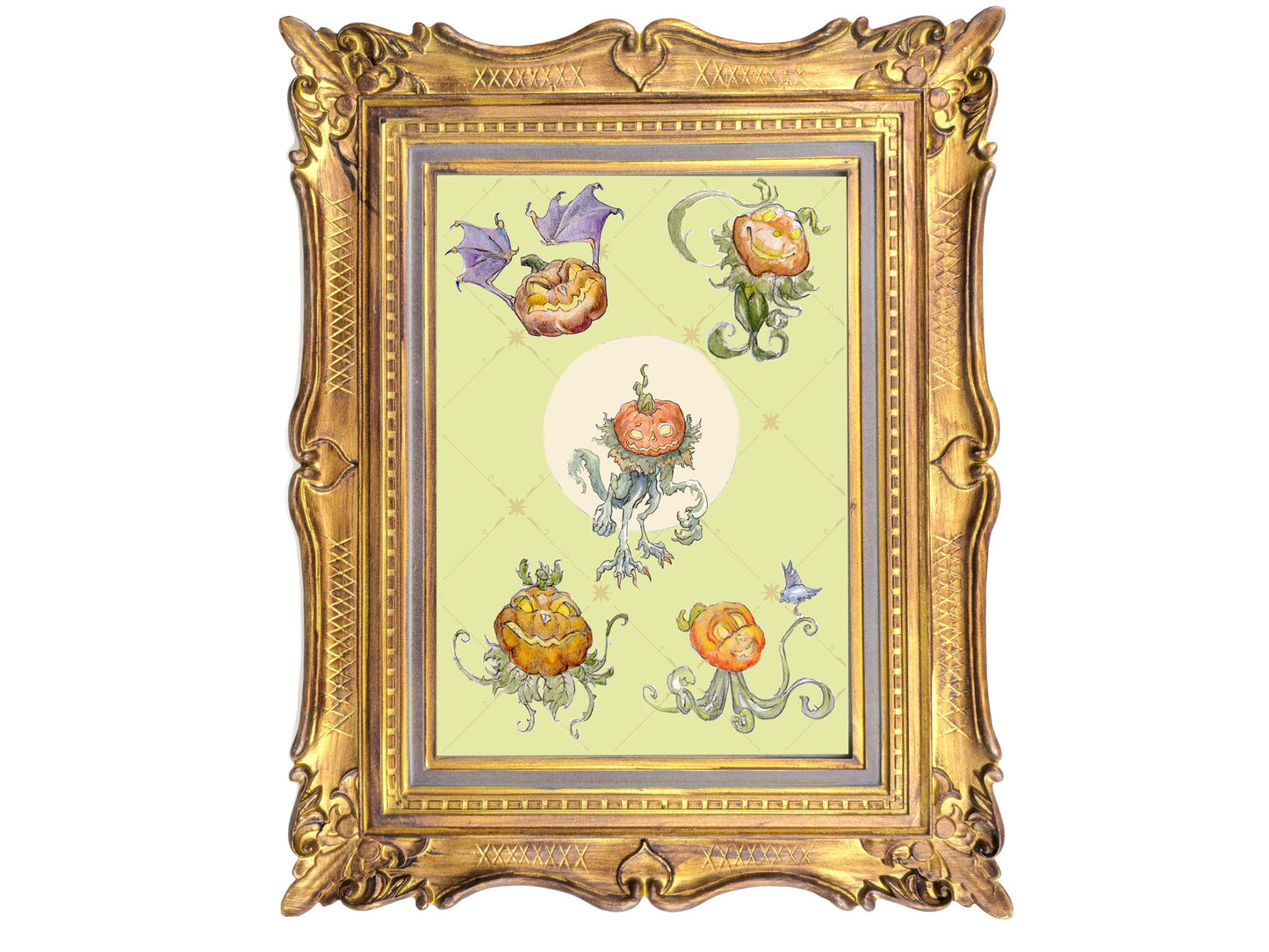 Pumpkin Creature Fantasy Art Print | Whimsical Watercolor Graphite Monster Set | 5x7 Harvest Decor