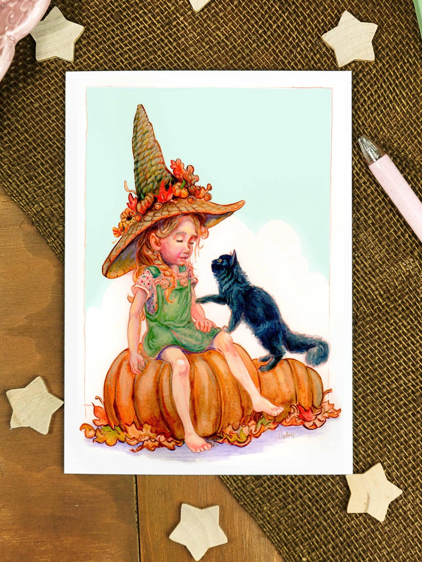 Harvest Witch Greeting Card | Autumn Witch and Cat Note Card | Spooky Cute Halloween Card