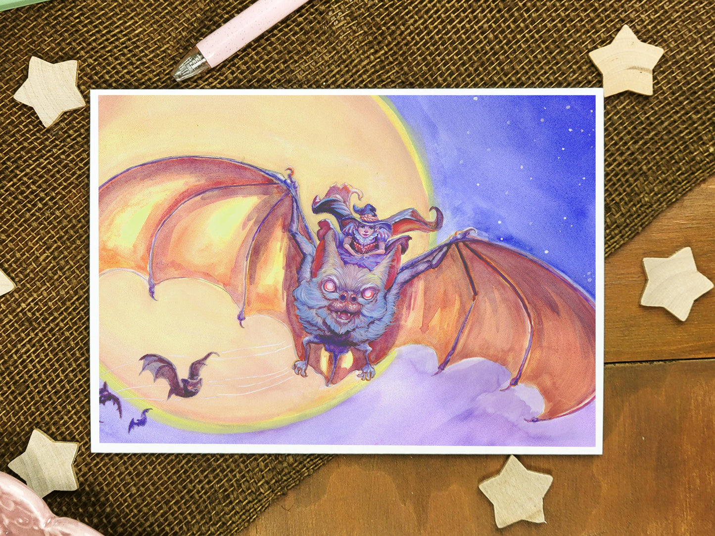 Little Witch Greeting Card | Witch Riding Bat Halloween Card | Spooky Cute Fantasy Art
