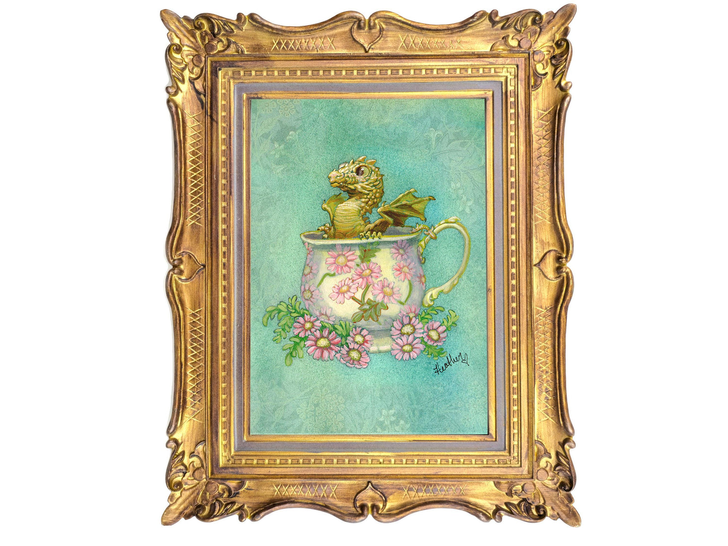 Golden Tea Dragon Art Print - Baby Fantasy Dragon in a Teacup - 5x7 Archival Print