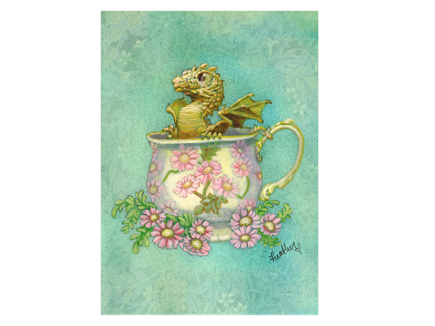 Golden Tea Dragon Art Print - Baby Fantasy Dragon in a Teacup - 5x7 Archival Print