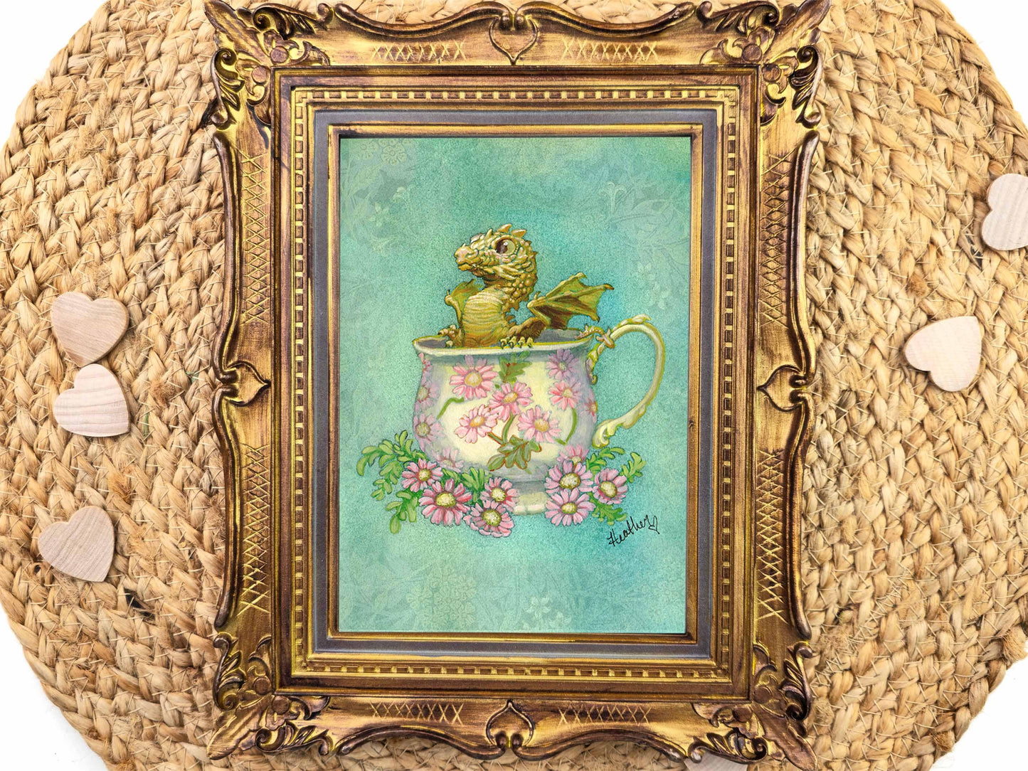 Golden Tea Dragon Art Print - Baby Fantasy Dragon in a Teacup - 5x7 Archival Print