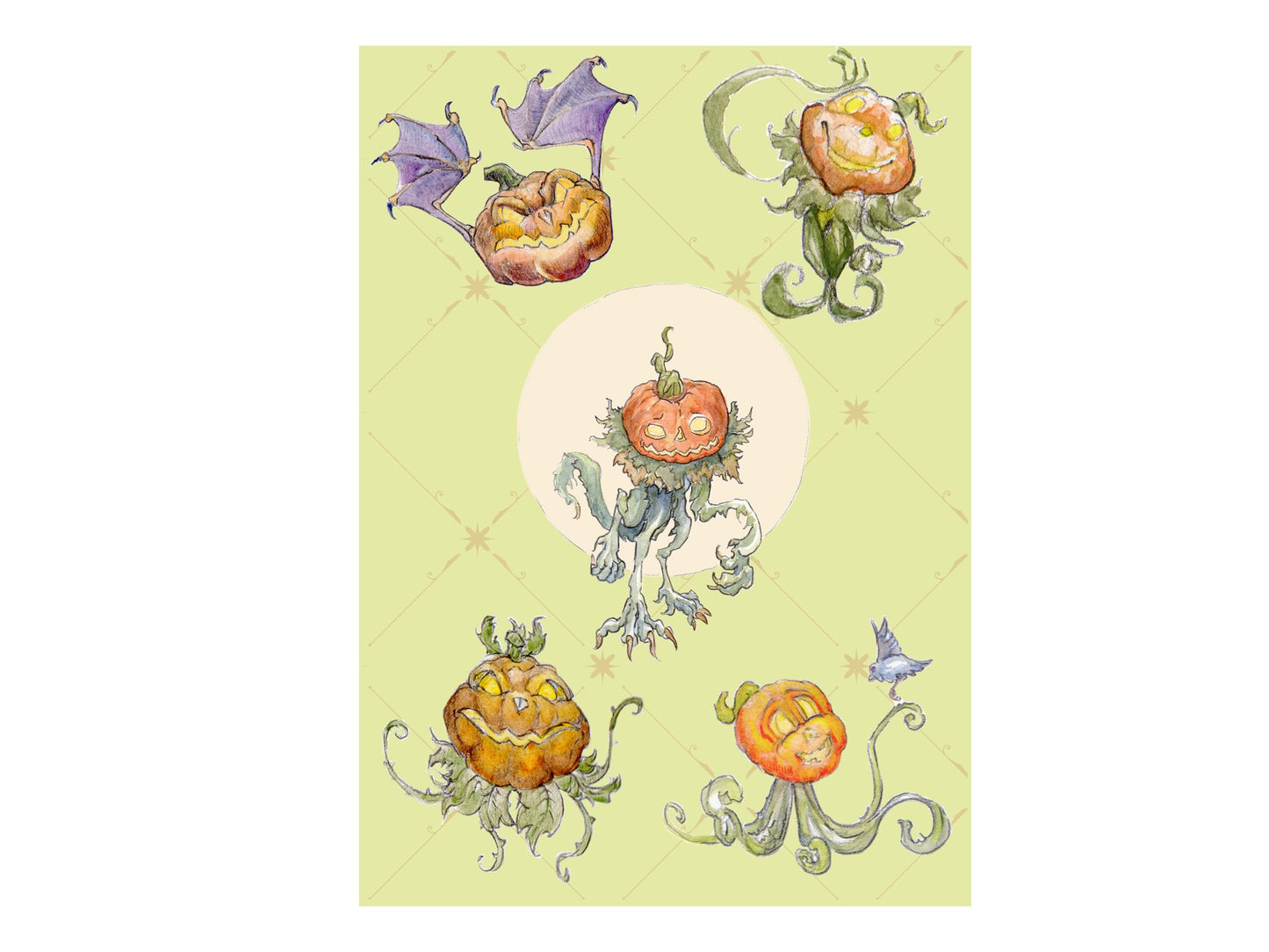 Pumpkin Creature Fantasy Art Print | Whimsical Watercolor Graphite Monster Set | 5x7 Harvest Decor