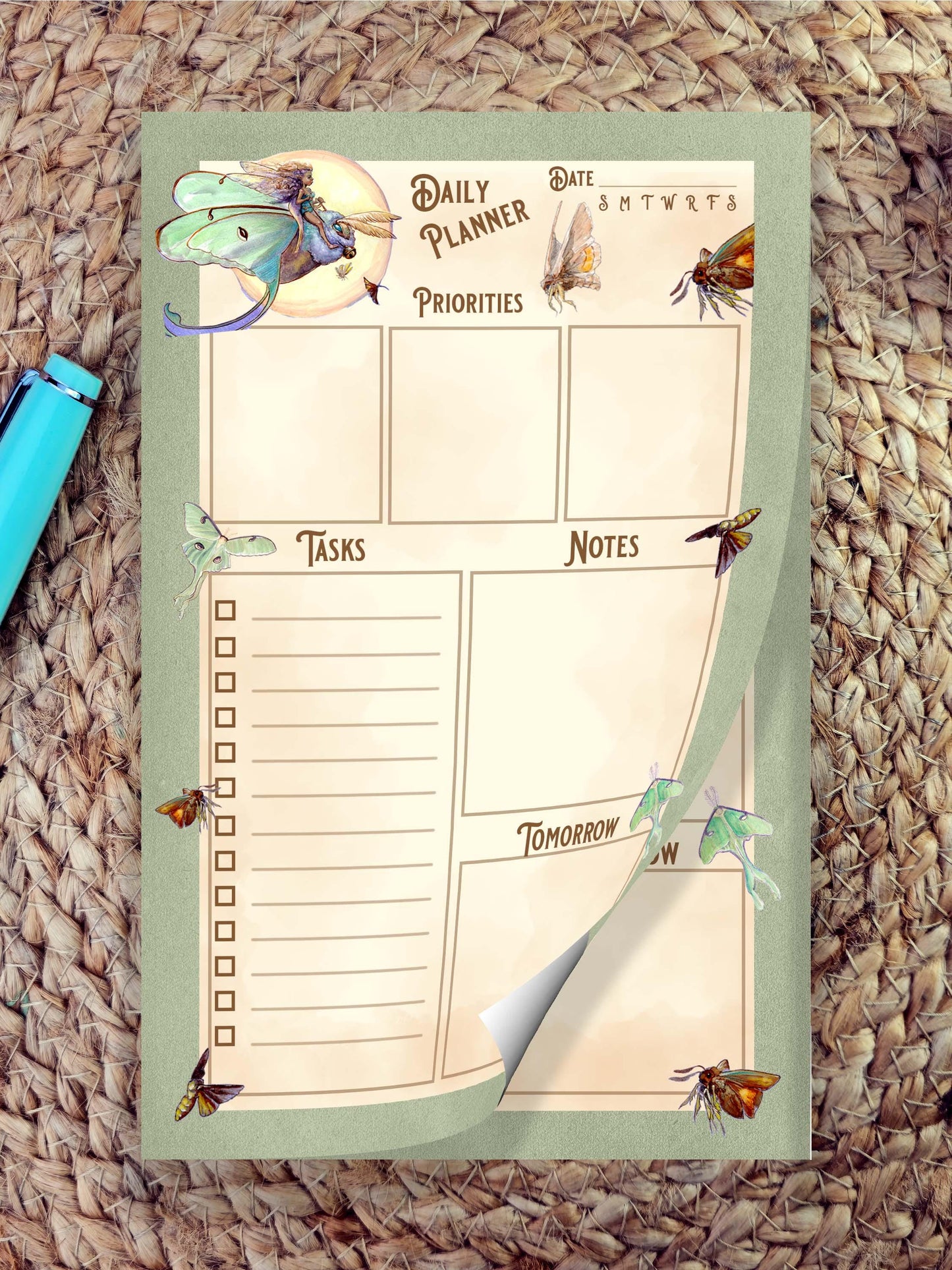 Daily Planner Pad with Lunar Moth Fairy Art, 50 Page To-Do List Notepad, Whimsical Fantasy Stationery, Aesthetic Desk Accessories