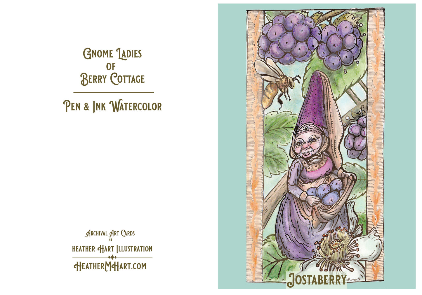 Jostaberry Gnome Card - Berry Cottage Lady, Watercolor, Pen & Ink, 5x7 Archival Print, Garden Art, Kraft Envelope, Garden Gnome Watercolor
