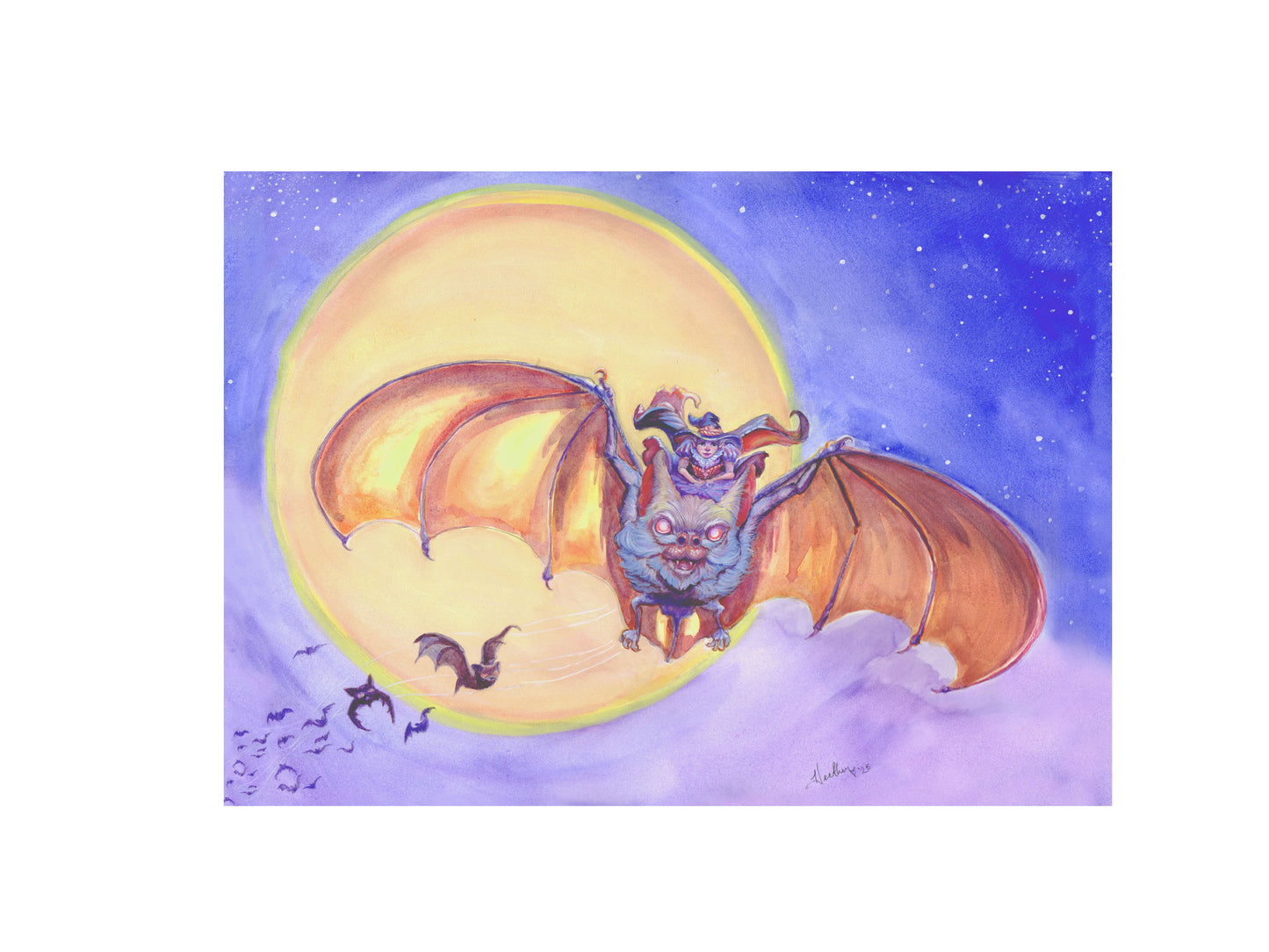 Little Witch and Cauldron Parade Art Print | Full Moon Bat Familiar Halloween Decor | 5x7 Fantasy Illustration