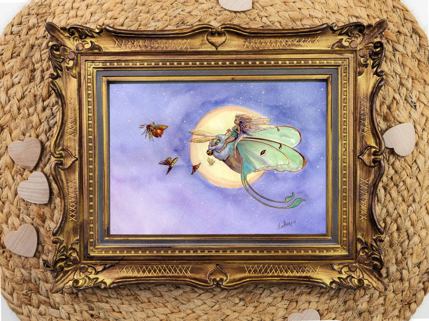 Lunar Moth Fairy Flight Art Print | Celestial Fantasy Watercolor Gouache | 5x7 Mystical Nature Decor