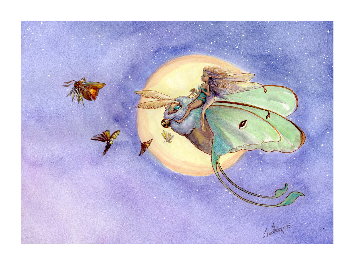 Lunar Moth Fairy Flight Art Print | Celestial Fantasy Watercolor Gouache | 5x7 Mystical Nature Decor