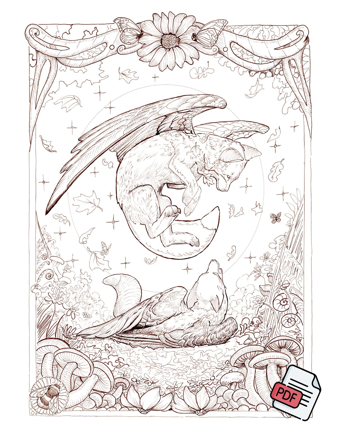 Playful Autumn Fox: A Fall Coloring Adventure Coloring Page | Whimsical Flying Foxes 11 x 14 Inch| Fantasy Digital Download