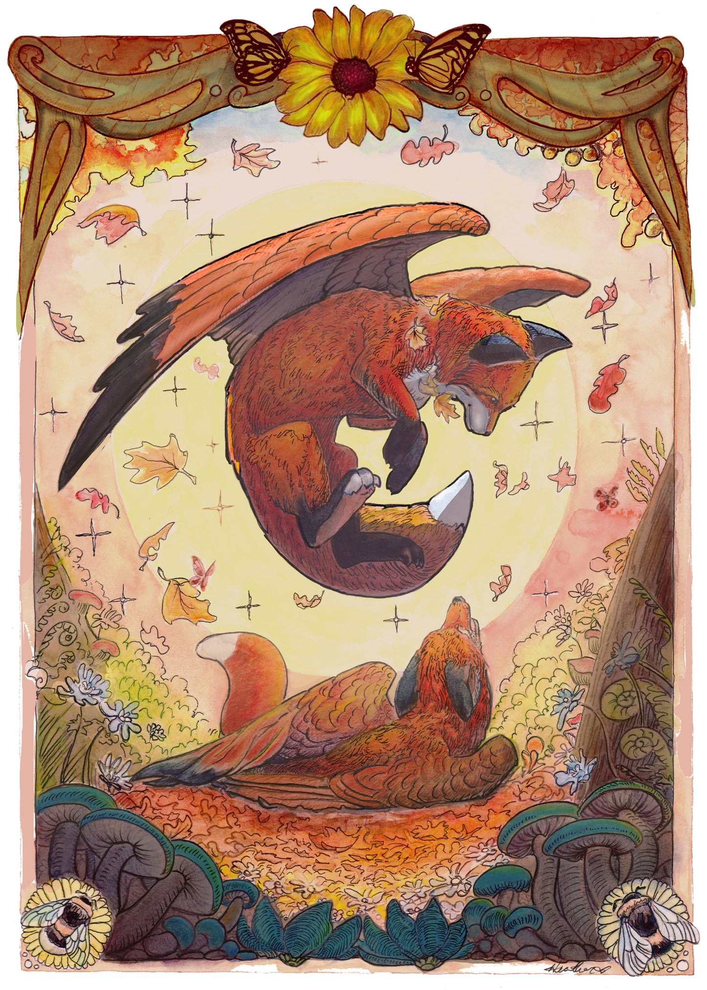 Playful Autumn Fox Greeting Card. Cozy Autmn Vibes. Fall Leaves. Fantasy Flying Fox. Fox with Wings. Pen Pal gift. Fantasy Fox Mini Print
