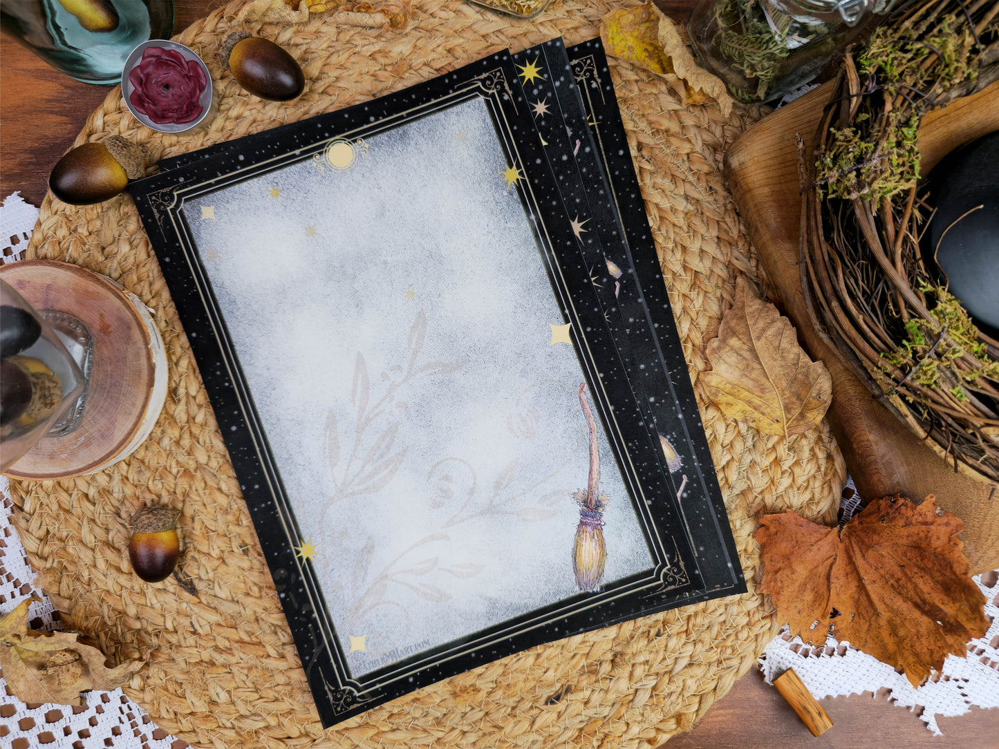 Vintage Style Gothic Witch Letter Writing Set| Black Cat Witches Cauldron Stationery Set| Art Nouveau Style Celestial Witch Stationery
