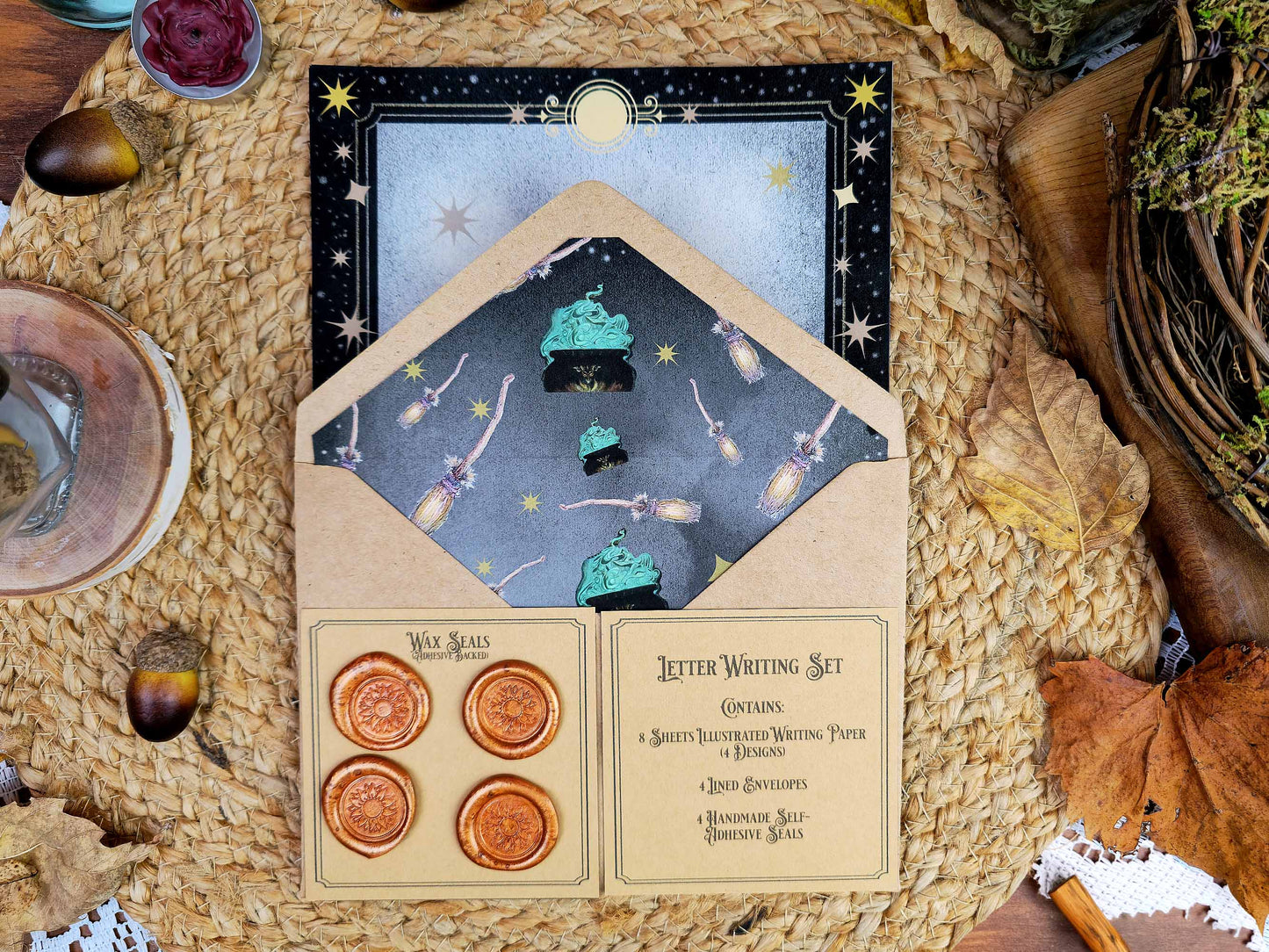 Vintage Style Gothic Witch Letter Writing Set| Black Cat Witches Cauldron Stationery Set| Art Nouveau Style Celestial Witch Stationery
