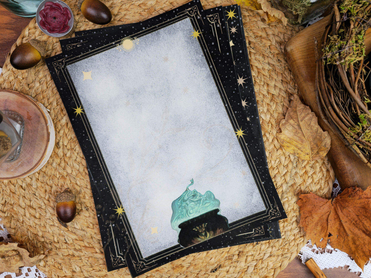 Vintage Style Gothic Witch Letter Writing Set| Black Cat Witches Cauldron Stationery Set| Art Nouveau Style Celestial Witch Stationery