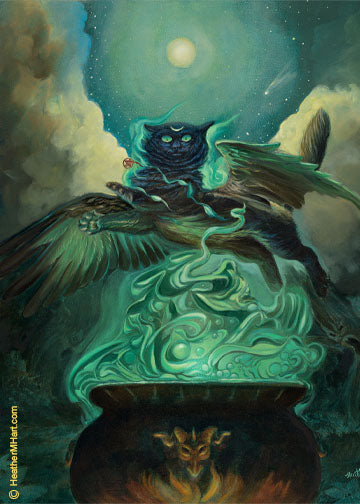 "Purrfectly Spellbound" - Unique Original Oil Painting of Winged Cat, Comet C/2023 A3, Hunter Moon,Witch Magic, Gift for Witch