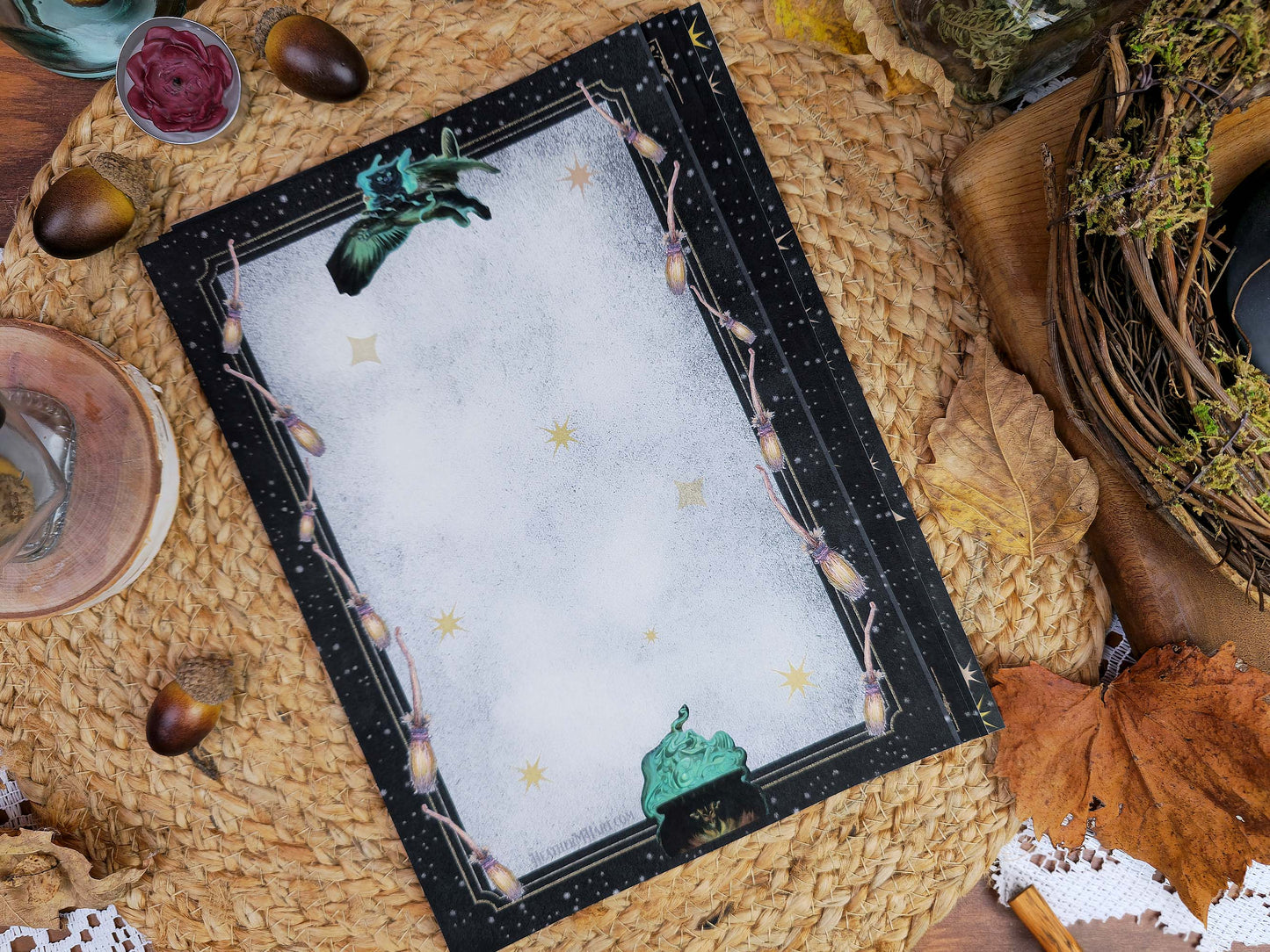 Vintage Style Gothic Witch Letter Writing Set| Black Cat Witches Cauldron Stationery Set| Art Nouveau Style Celestial Witch Stationery