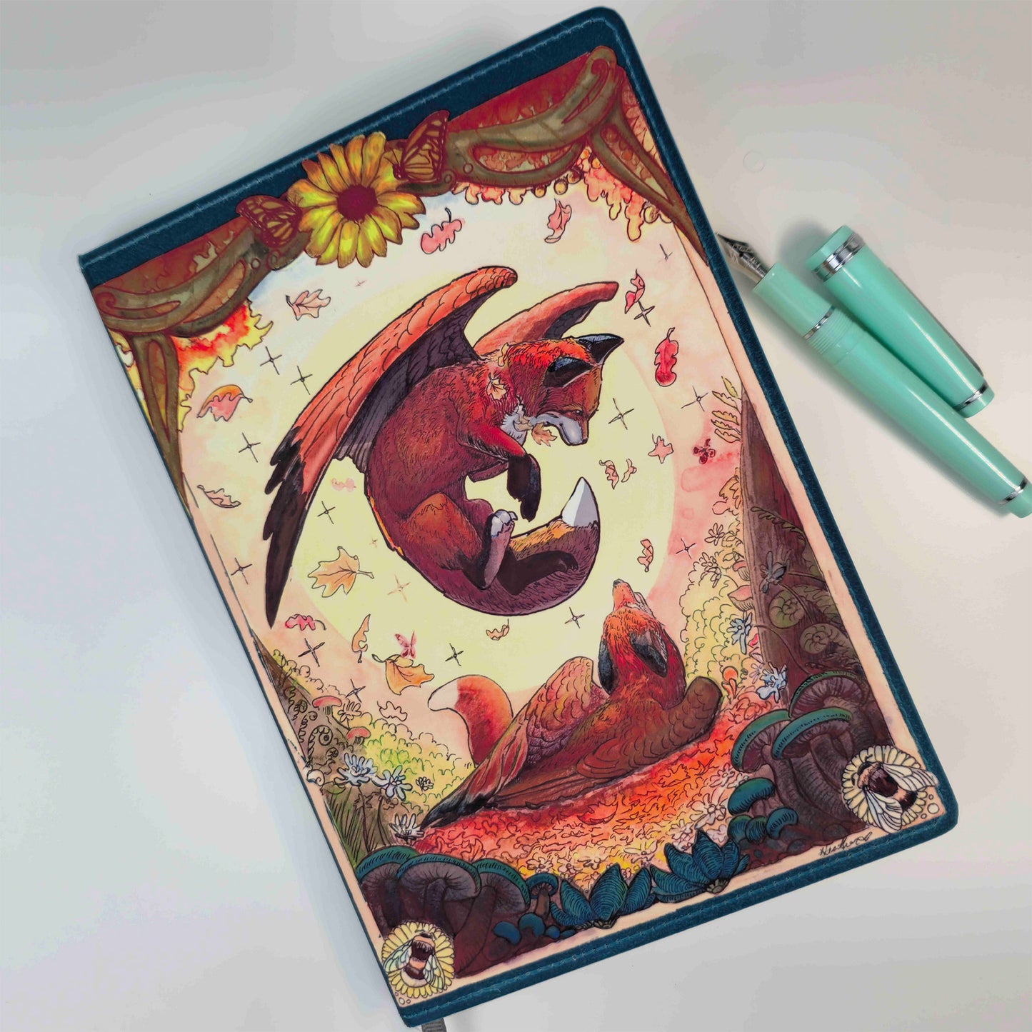 Playful Autumn Fox Journal. Cozy Autumn Falling Leaves. Fantasy Flying Fox. Fox with Wings. Cottagecore. Journal lover Gift. Lined Notebook.