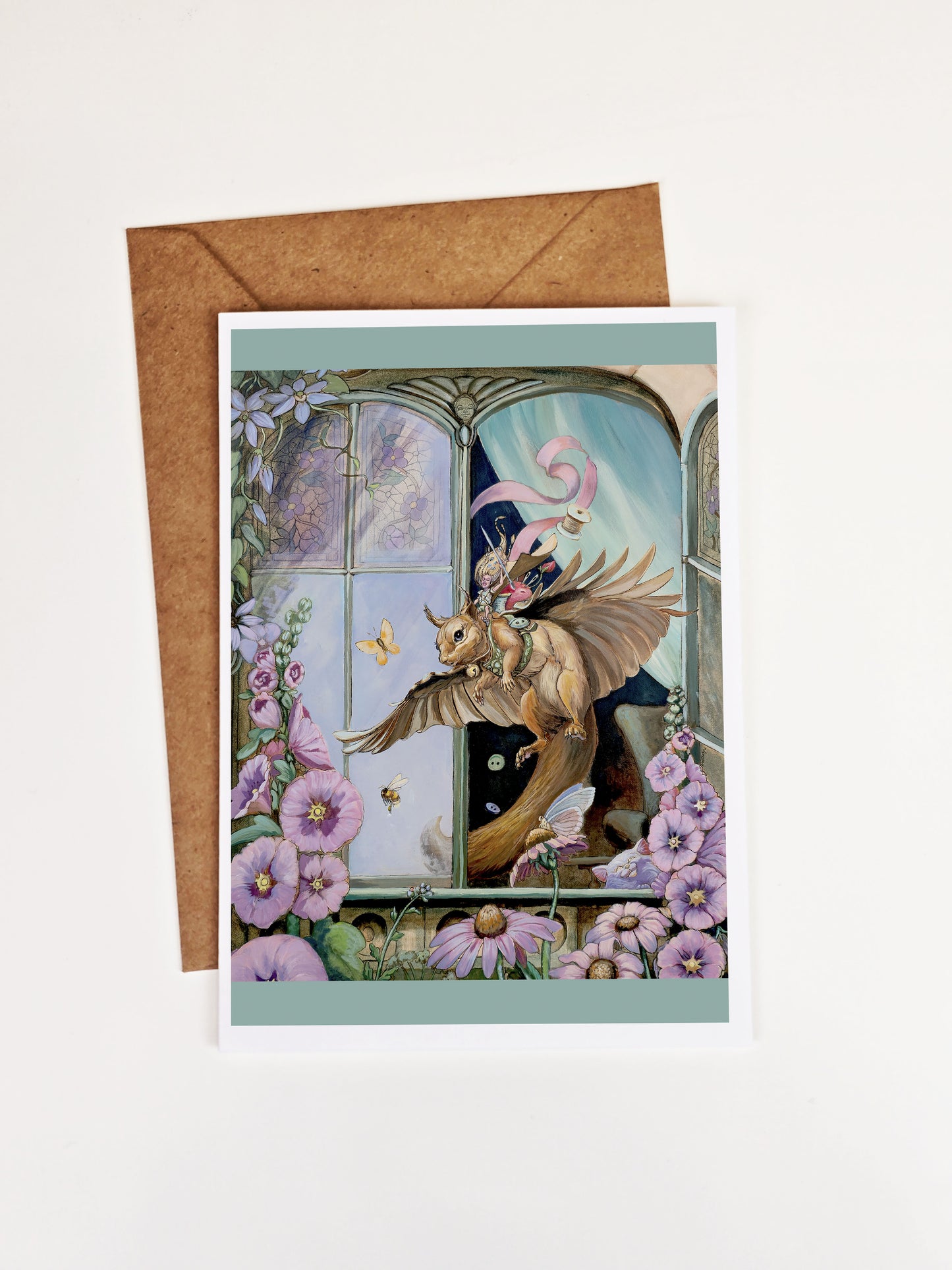 Winged Squirrel & Fairy Greeting Card - Seamstress Art, Garden Scene, Fantasy Illustration, Archival 5x7 Greeting Card
