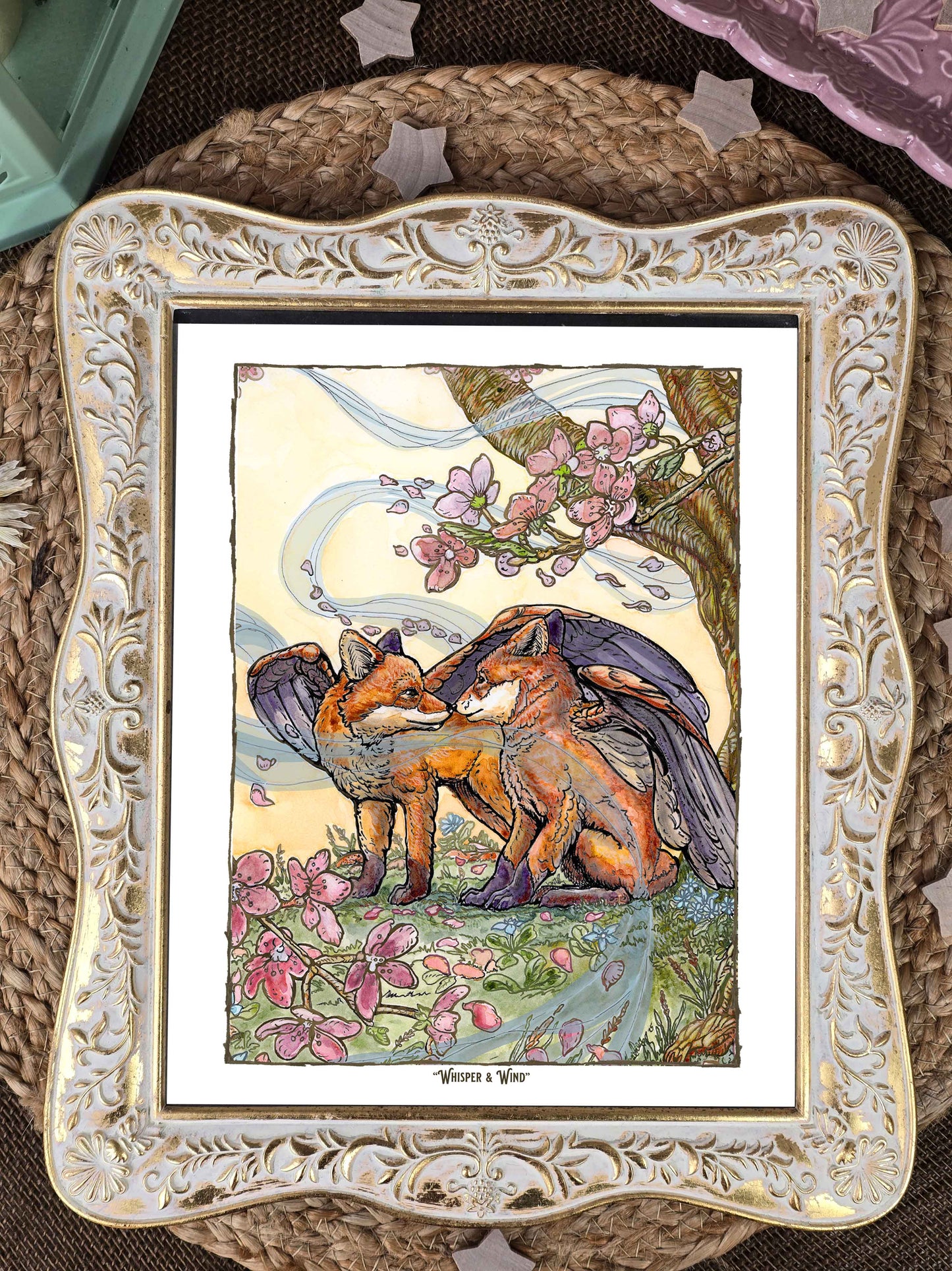 Spring Sakura Blossom with Fantasy Flying Fox Print- Whisper and Wind, Gift for Fantasy Lover, Whimsical Art Gift