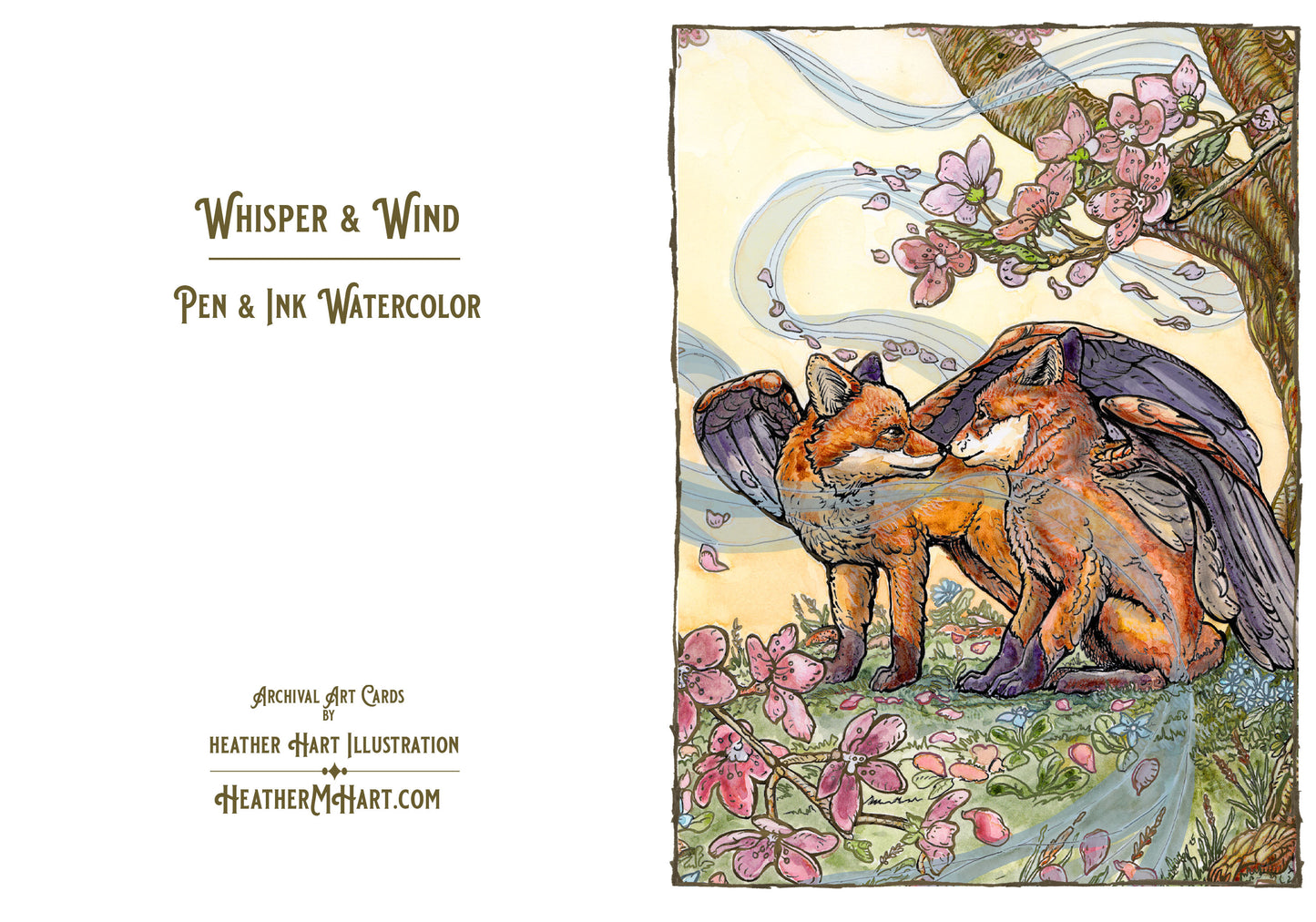 Winged Fox Cherry Blossom Greeting Card - Watercolor Friendship, Nature Art, Whimsical Fantasy Art, 5x7 Fantasy Art Card, Pen Pal Gift