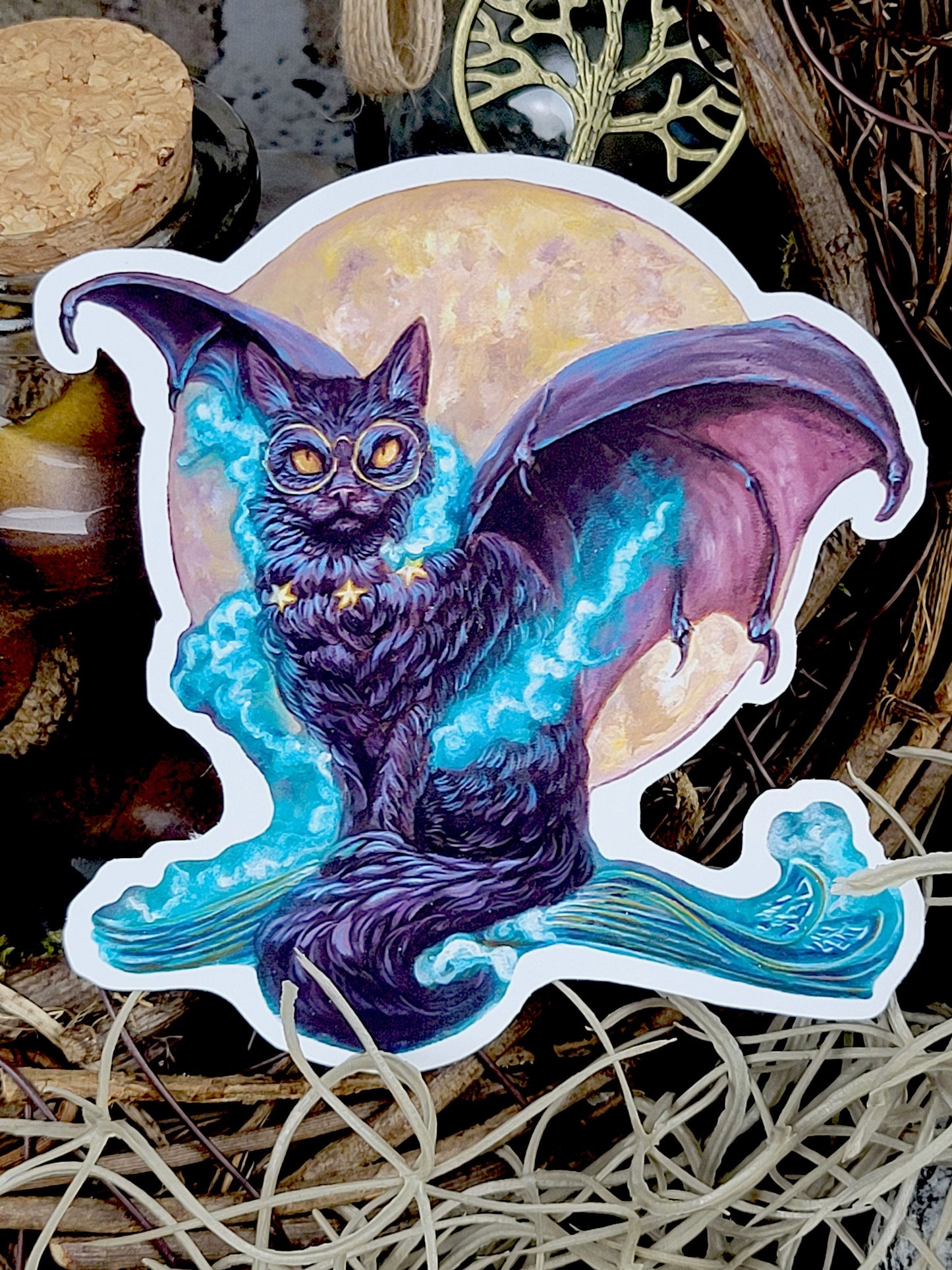 Black Cat Fantasy Art Sticker: BUJO. Goth witchy Bat Winged Cat. Witchcore. Halloween cat with dragon wings on spellbook.