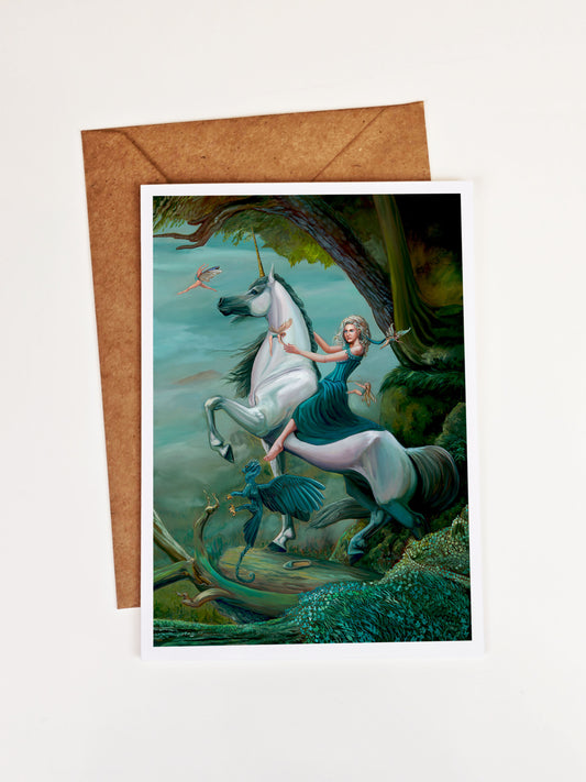 Unicorn Art Greeting Card. The Liberation of Aelwen. Unicorn Lover Pen Pal. Whimsical Blank Stationary. Fairy and Dragon Art Stationary