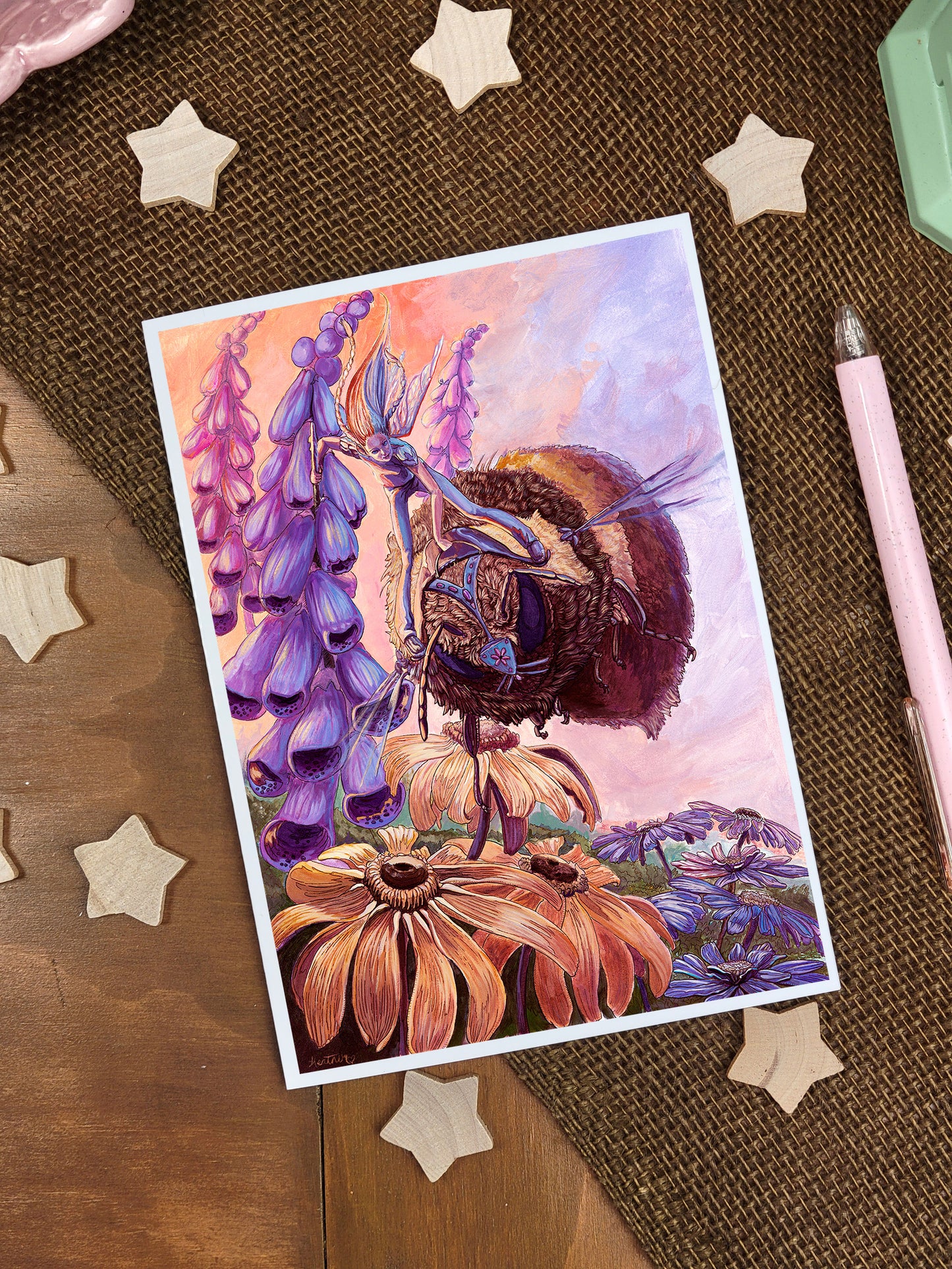 Fantasy Greeting Card. Bumblebee Fairy. Spring Garden Fairy. Garden Flowers. Cottagecore. Fairycore. Pen pals. Fairy Folk. Garden Warrior.