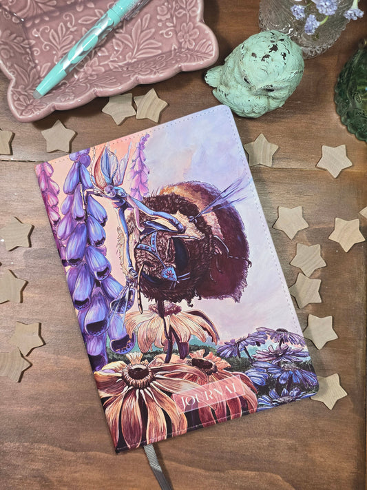 Fantasy Art Journal. Bumblebee Fairy. Spring Garden Fairy. Garden Flowers. Cottagecore. Fairycore. Vegan Leather. Lined Notebook