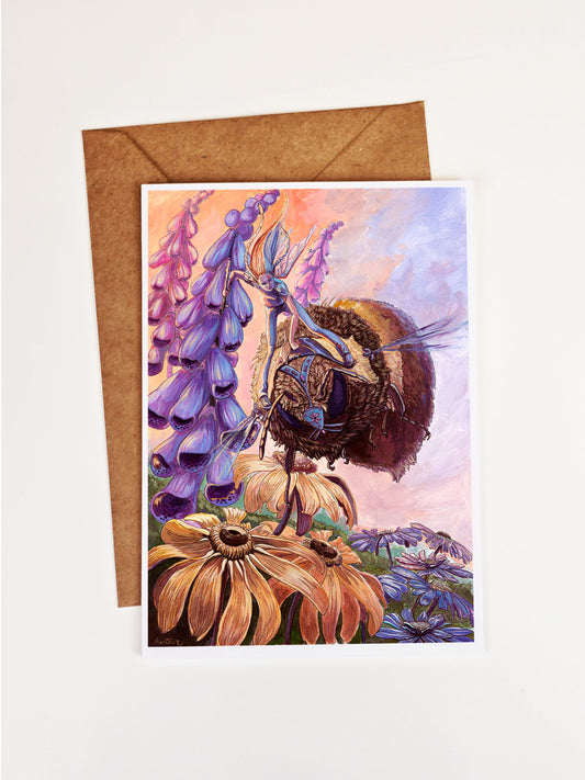 Fairy Bumblebee Fantasy Greeting Card. Fairy lovers pen pals. Cottagecore Flowers. Fairycore. Fairy Gardener Stationary. Flower Fairy Art.