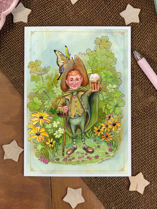 Fantasy Greeting Card. Leprechaun. Art Card. Beer. St Patrick's Day.  Mythological Creature. Irish Folktale. Pagan Art. Stationary. Clover
